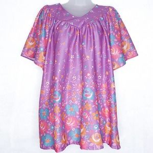 70s Shirt Womens Size XL Vintage Smock Blouse Purple Floral Print Flutter Sleeve